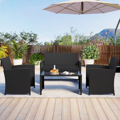 4 Pieces Patio Furniture Set with Tempered Glass Tabletop and Removable Cushion