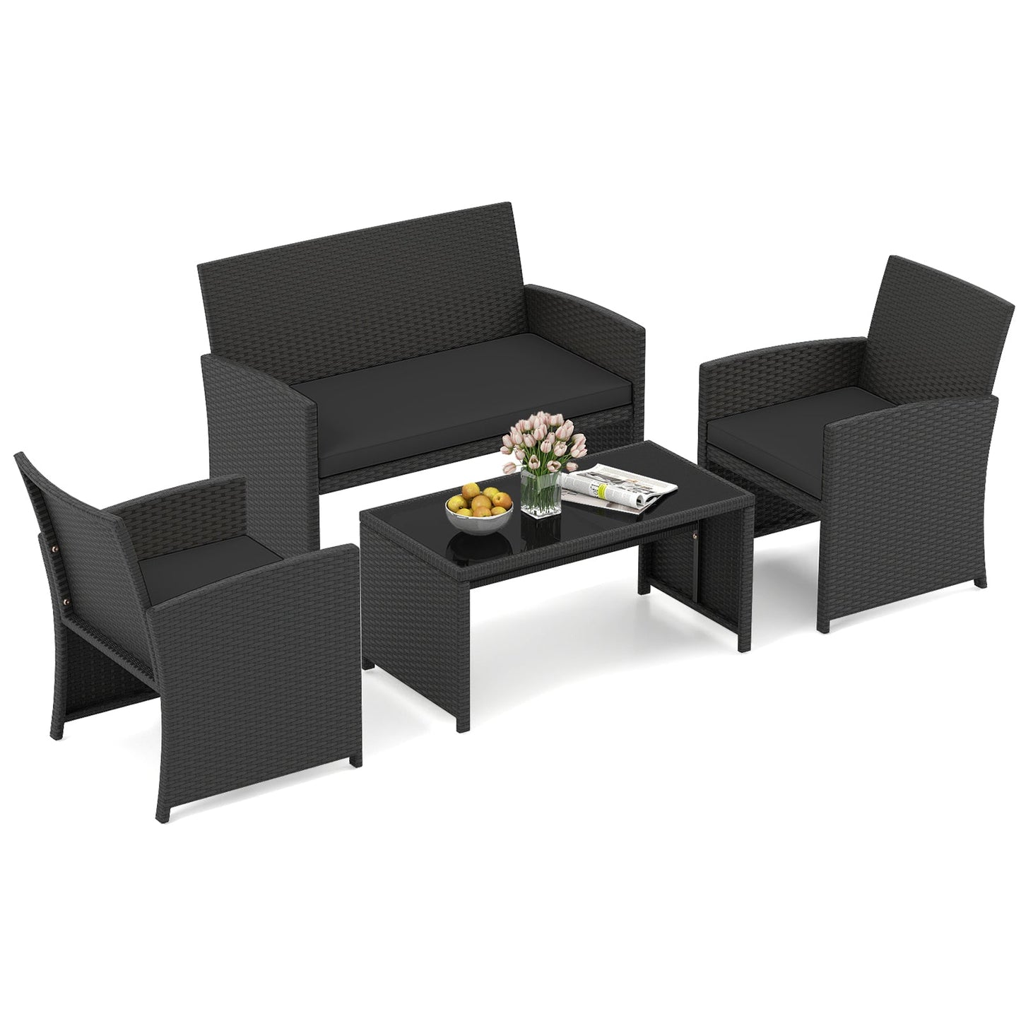 4 Pieces Patio Furniture Set with Tempered Glass Tabletop and Removable Cushion