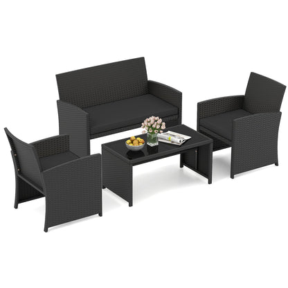 4 Pieces Patio Furniture Set with Tempered Glass Tabletop and Removable Cushion
