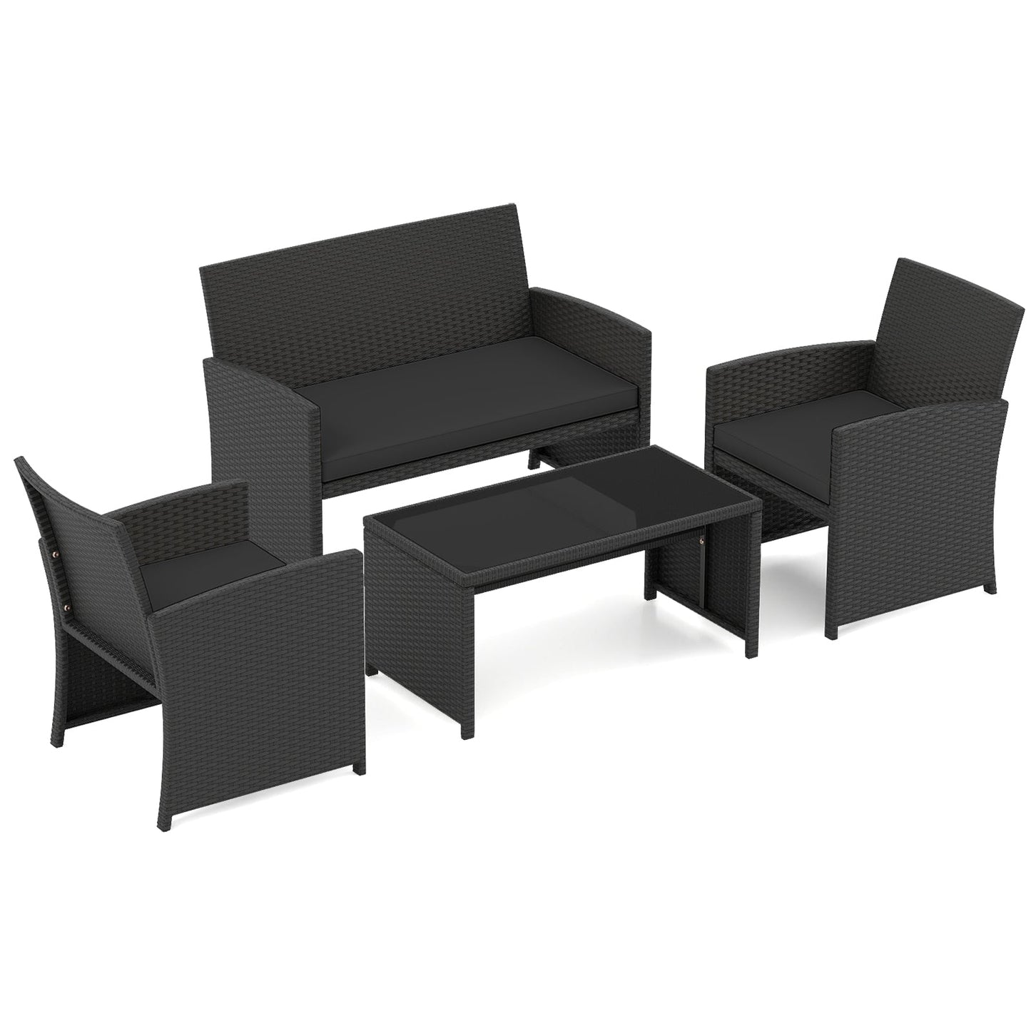 4 Pieces Patio Furniture Set with Tempered Glass Tabletop and Removable Cushion