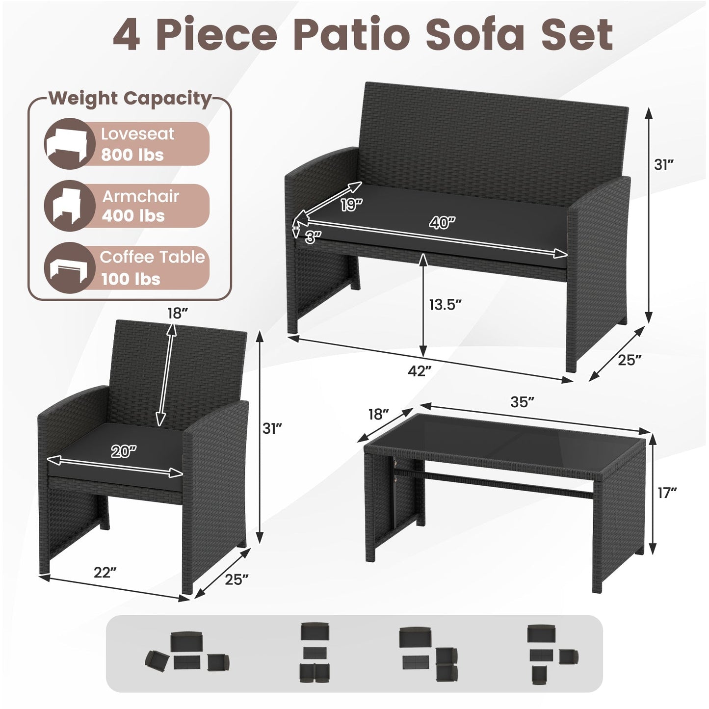 4 Pieces Patio Furniture Set with Tempered Glass Tabletop and Removable Cushion
