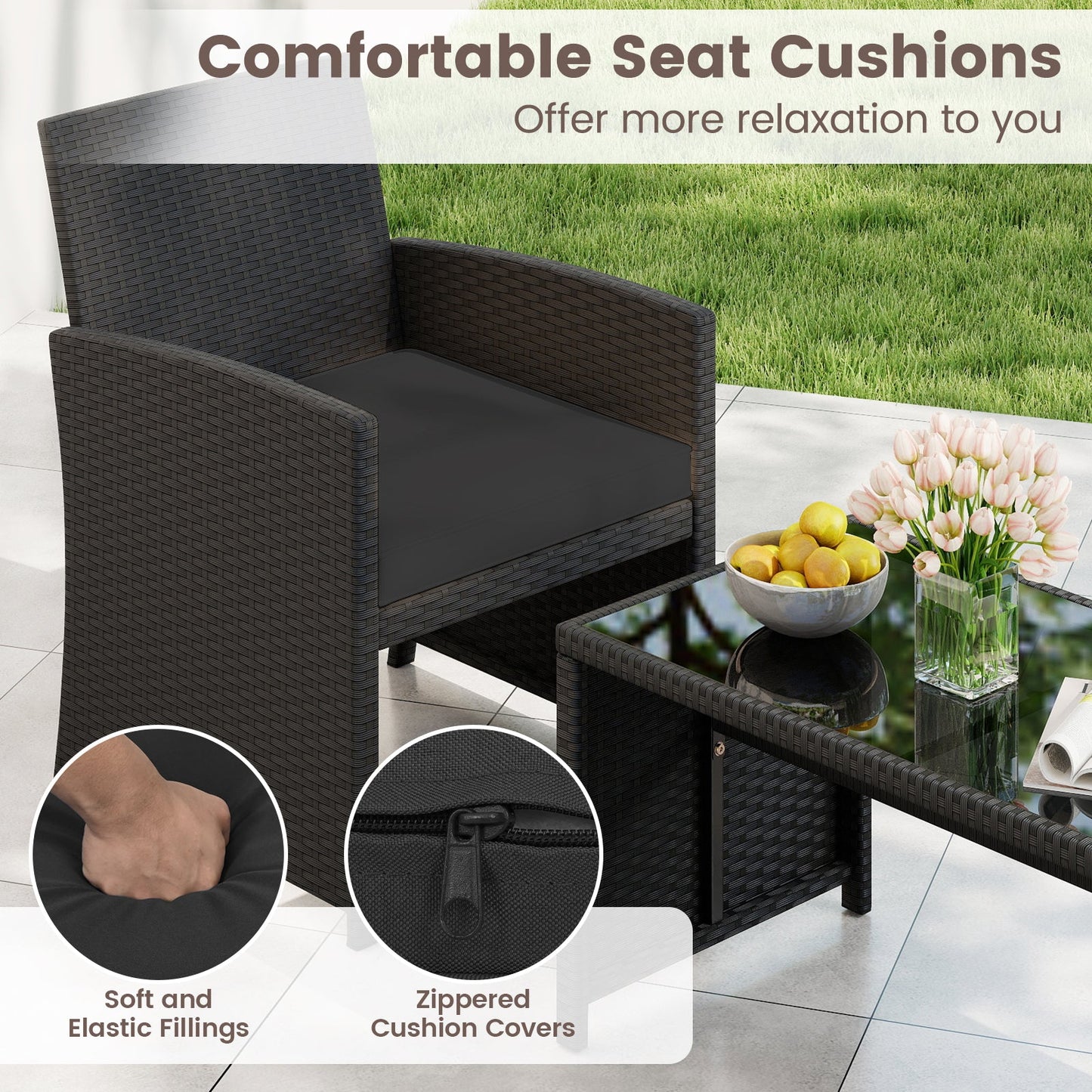 4 Pieces Patio Furniture Set with Tempered Glass Tabletop and Removable Cushion