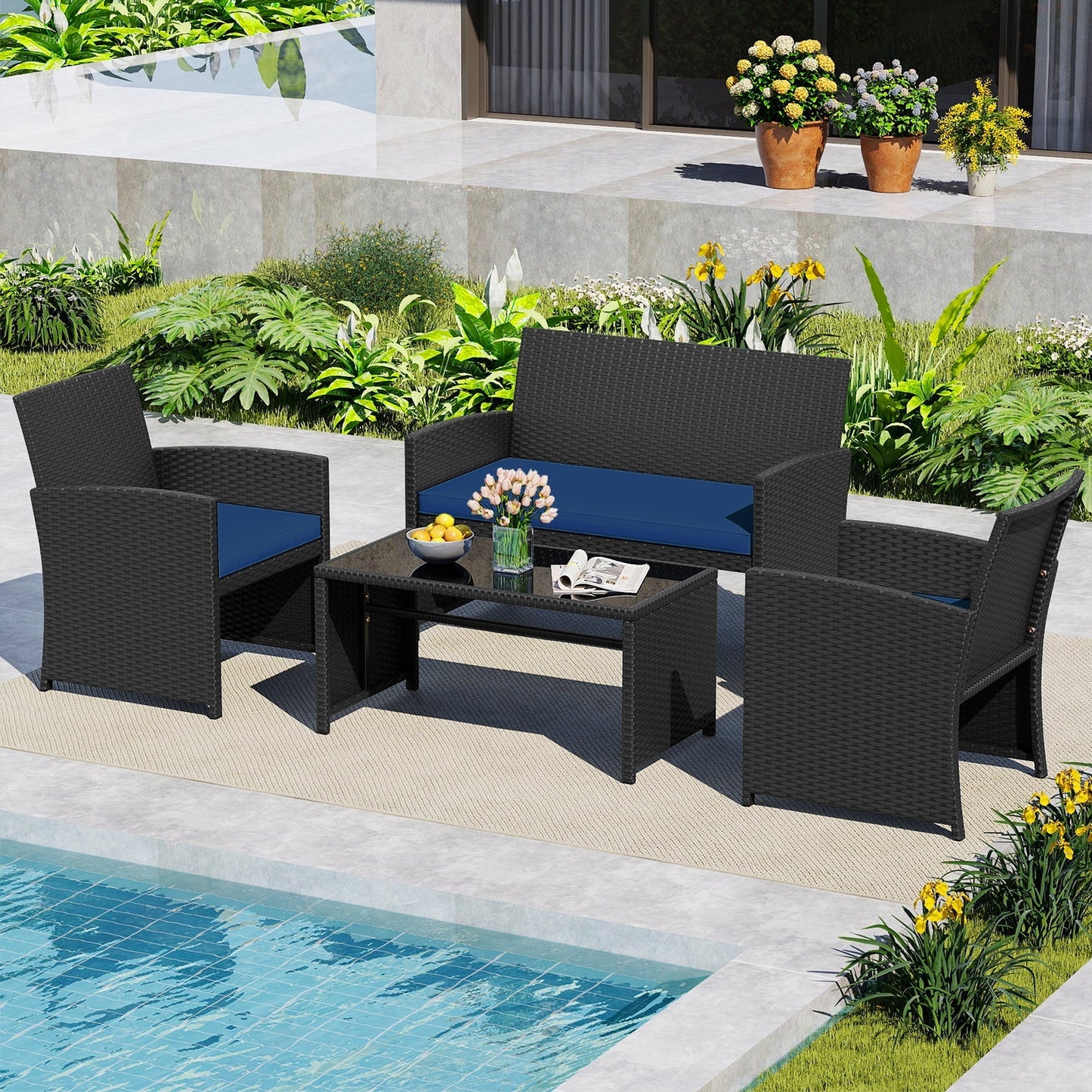 4 Pieces Patio Furniture Set with Tempered Glass Tabletop and Removable Cushion