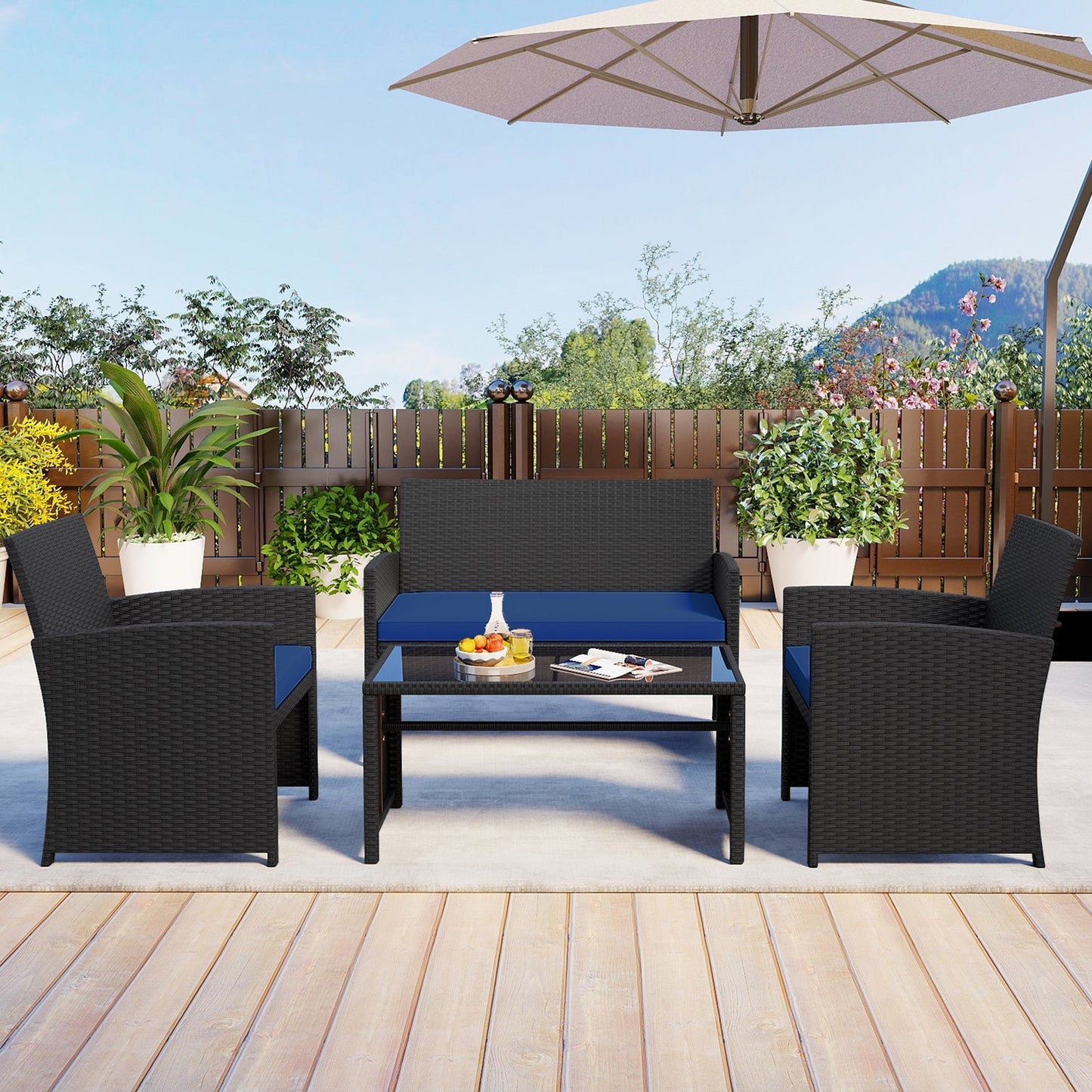4 Pieces Patio Furniture Set with Tempered Glass Tabletop and Removable Cushion
