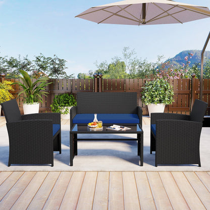 4 Pieces Patio Furniture Set with Tempered Glass Tabletop and Removable Cushion