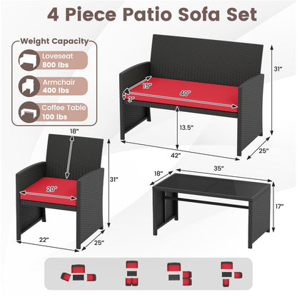 4 Pieces Patio Furniture Set with Tempered Glass Tabletop and Removable Cushion