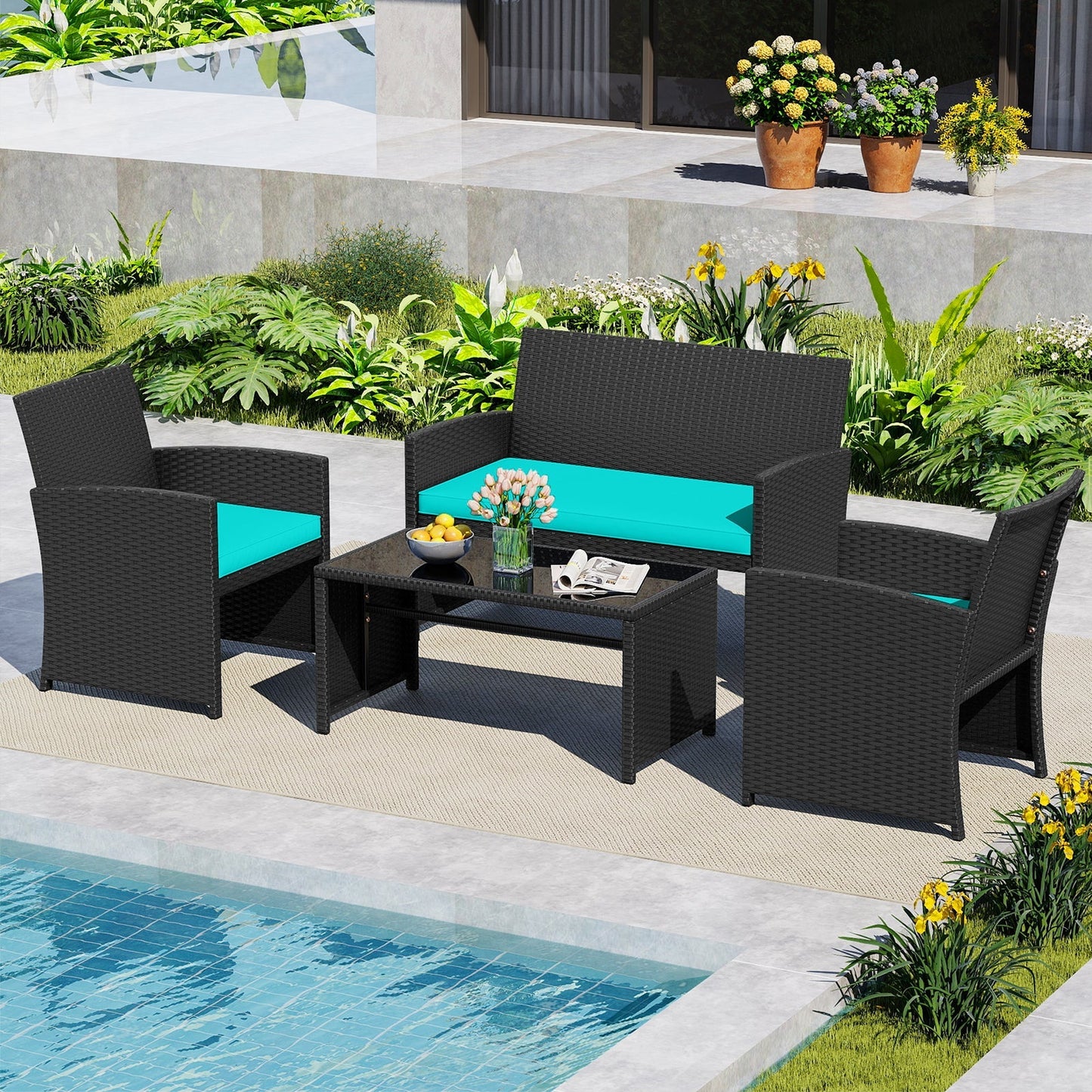 4 Pieces Patio Furniture Set with Tempered Glass Tabletop and Removable Cushion