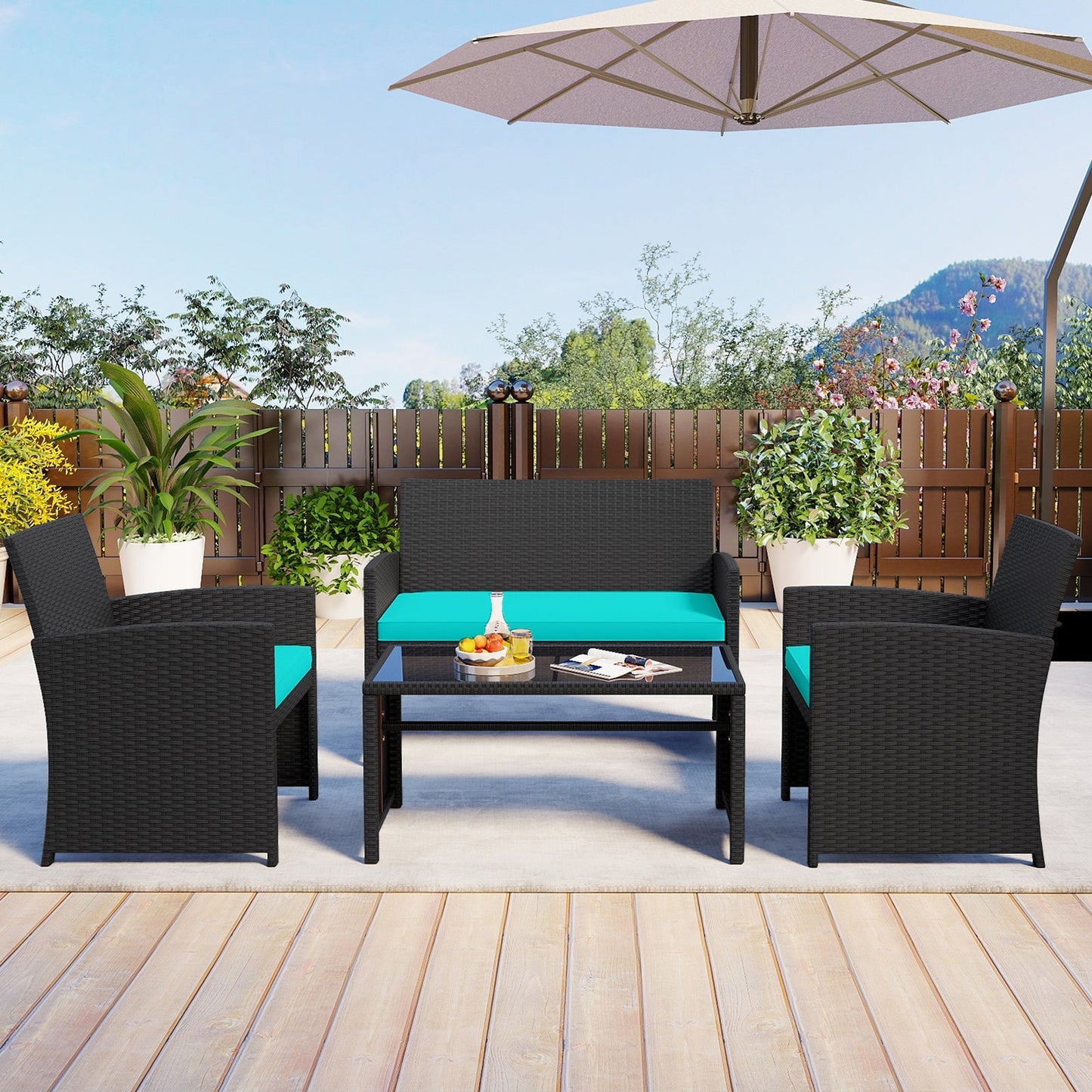 4 Pieces Patio Furniture Set with Tempered Glass Tabletop and Removable Cushion