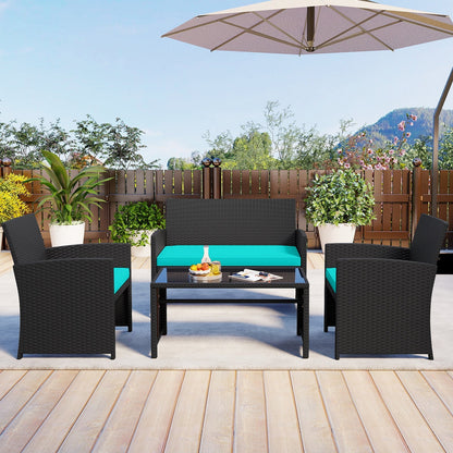 4 Pieces Patio Furniture Set with Tempered Glass Tabletop and Removable Cushion