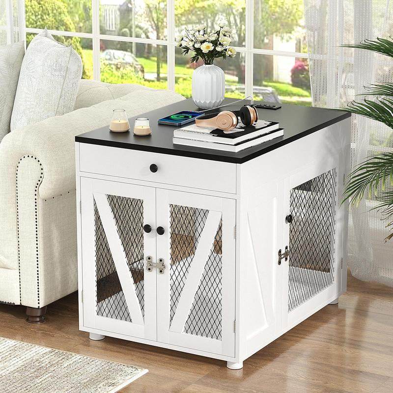 Dog Crate End Table Furniture with Drawer & USB Charging | Wooden Dog Kennel for Medium Dogs
